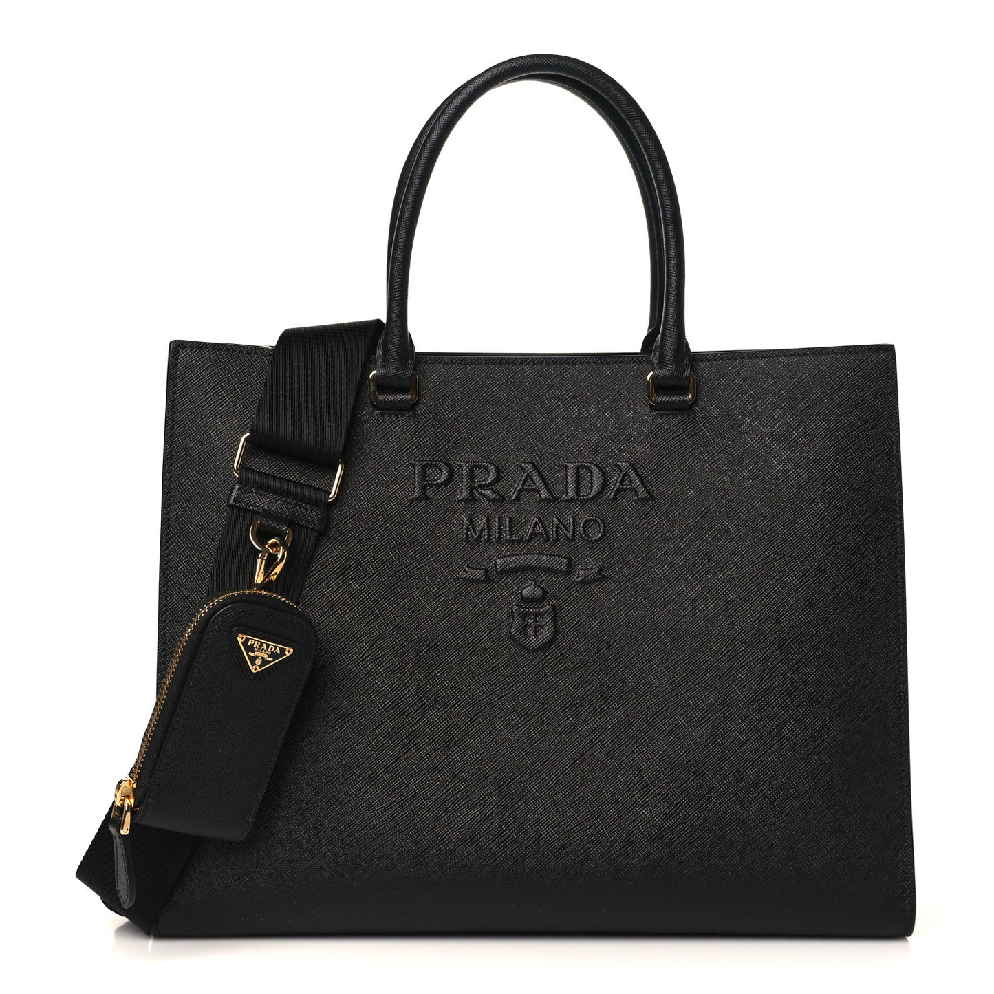 Saffiano Lux Logo Embossed Large Shoulder Tote Handbag Black