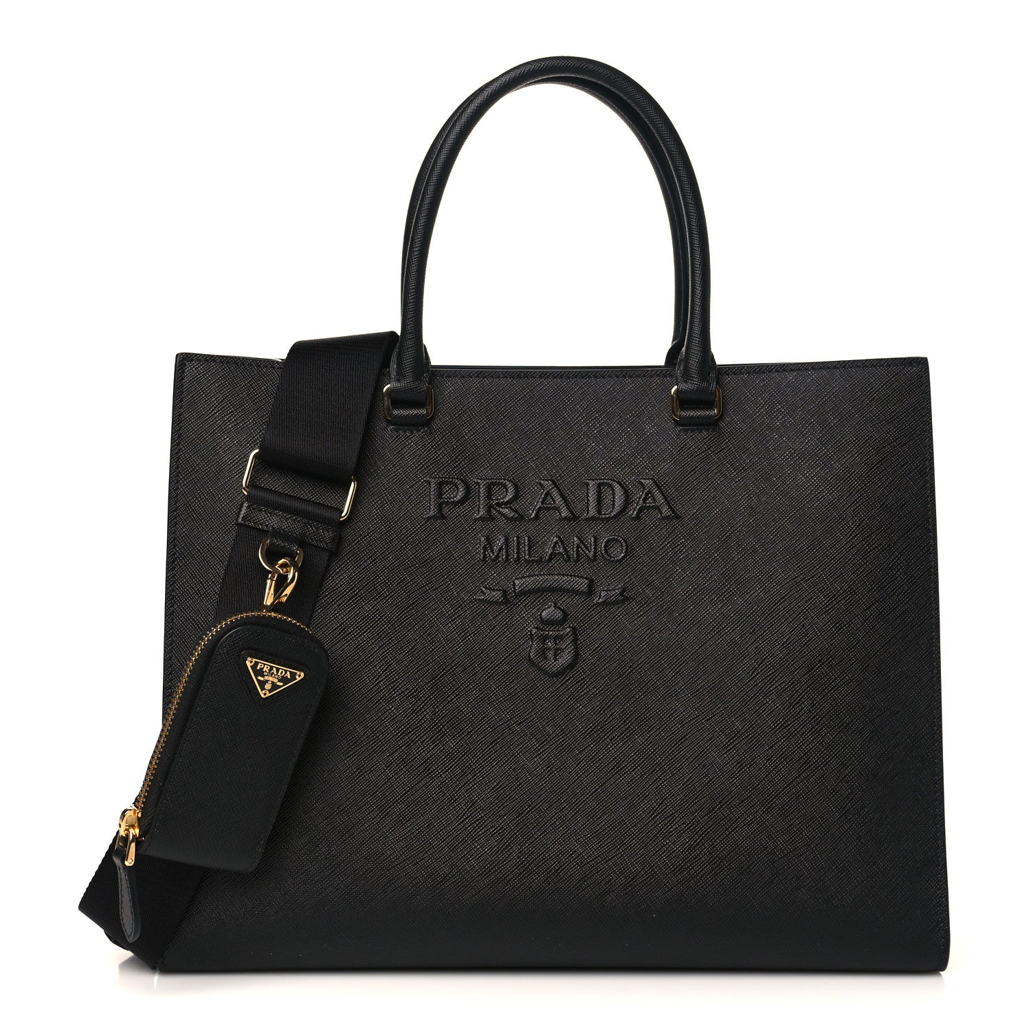 Prada Saffiano Lux Logo Embossed Large Shoulder Tote Handbag Black 1 of 11