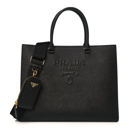 Prada Saffiano Lux Logo Embossed Large Shoulder Tote Handbag Black 1 of 11