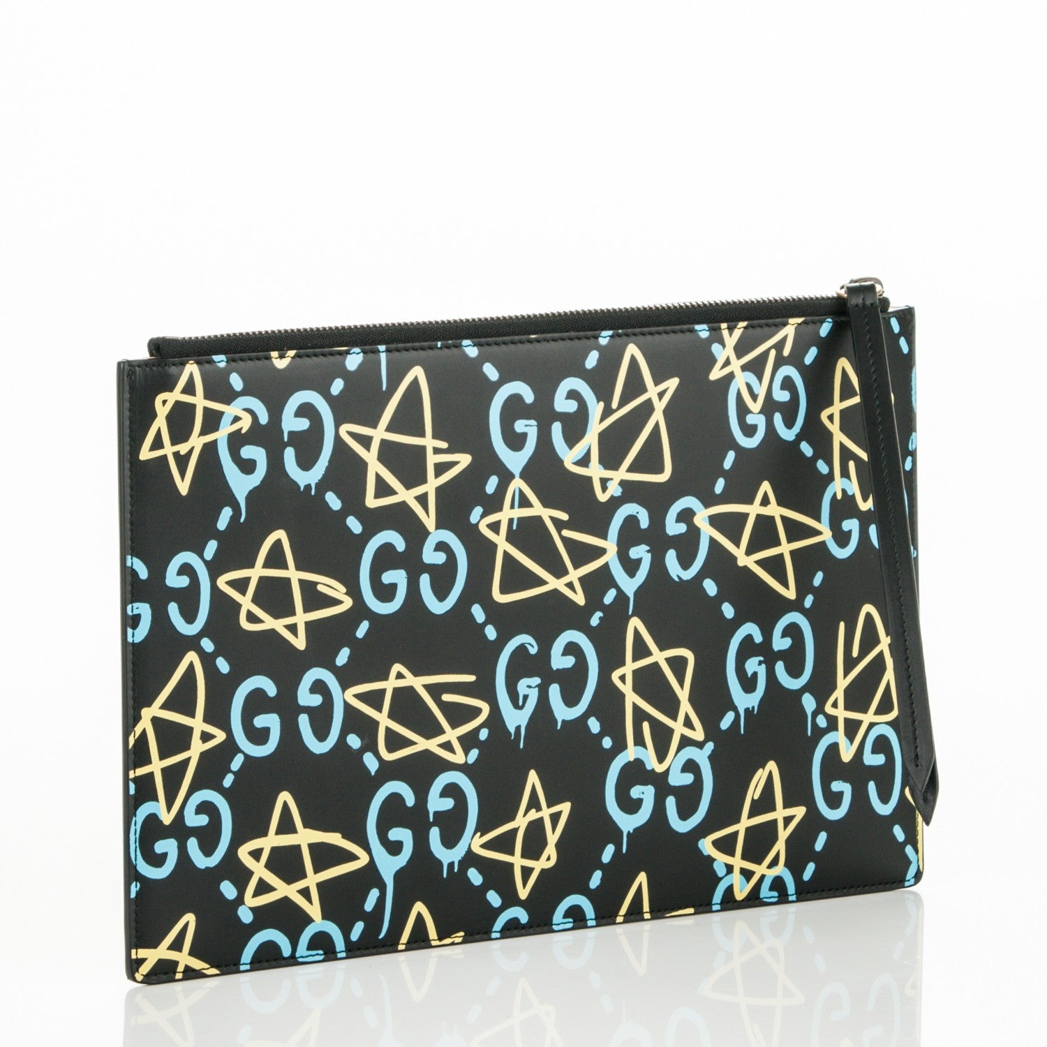 Gucci Calfskin GucciGhost Print Pouch Black New Acquamarine 3 of 6