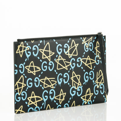 Gucci Calfskin GucciGhost Print Pouch Black New Acquamarine 3 of 6