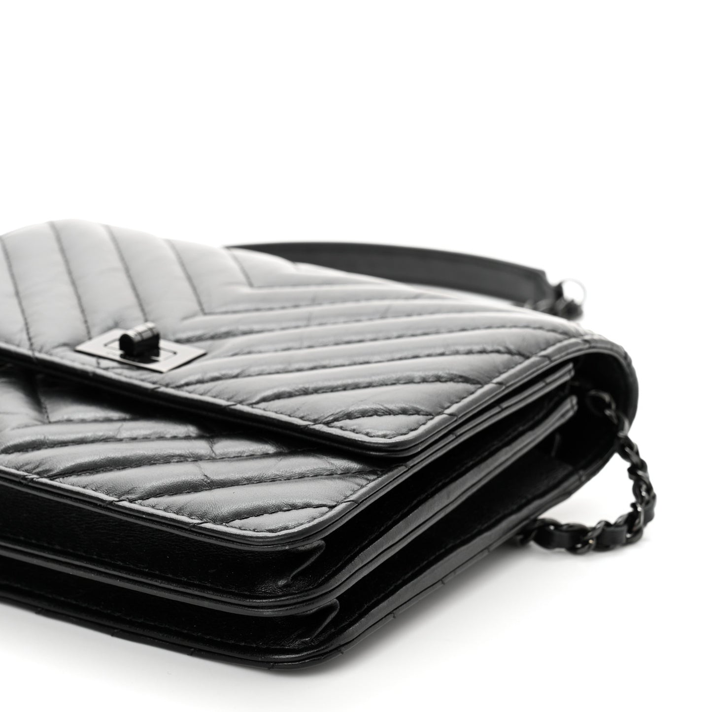 Aged Calfskin Chevron Quilted Reissue 2.55 Square Wallet On Chain WOC So Black