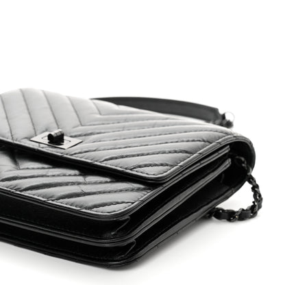 Chanel Aged Calfskin Chevron Quilted Reissue 2.55 Square Wallet On Chain WOC So Black 11 of 12