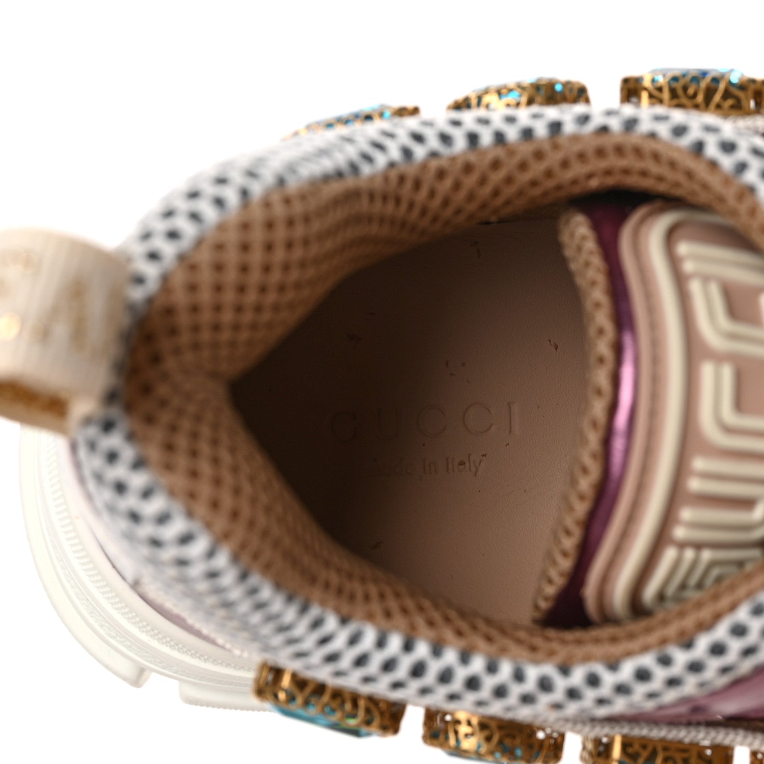 Gucci X SEGA Metallic Calfskin Mesh Removable Crystals Womens Flashtrek Sneakers 35.5 Rosa Great 35.5 White Silver 7 of 9