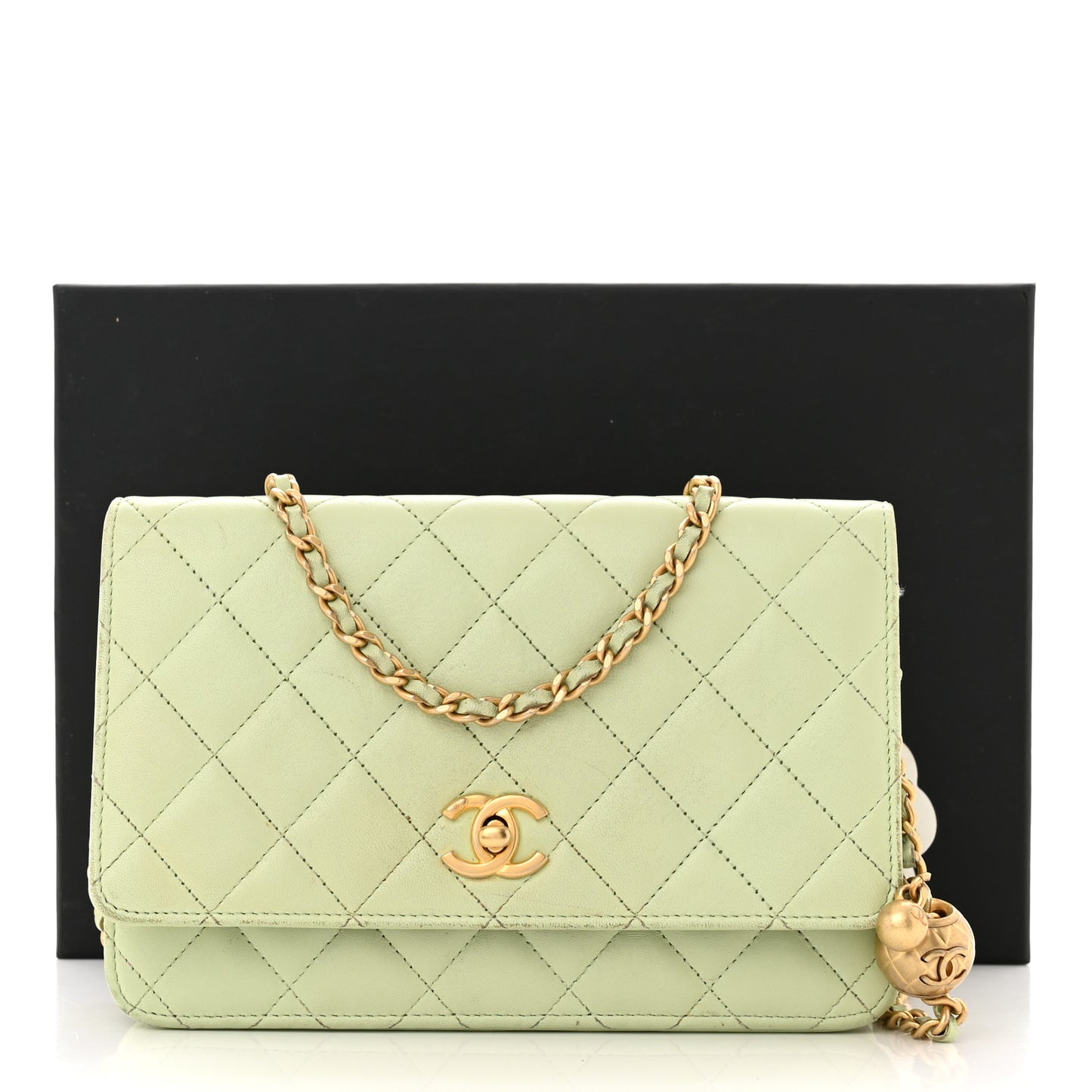 Lambskin Quilted CC Pearl Crush Wallet on Chain WOC Light Green Light Green