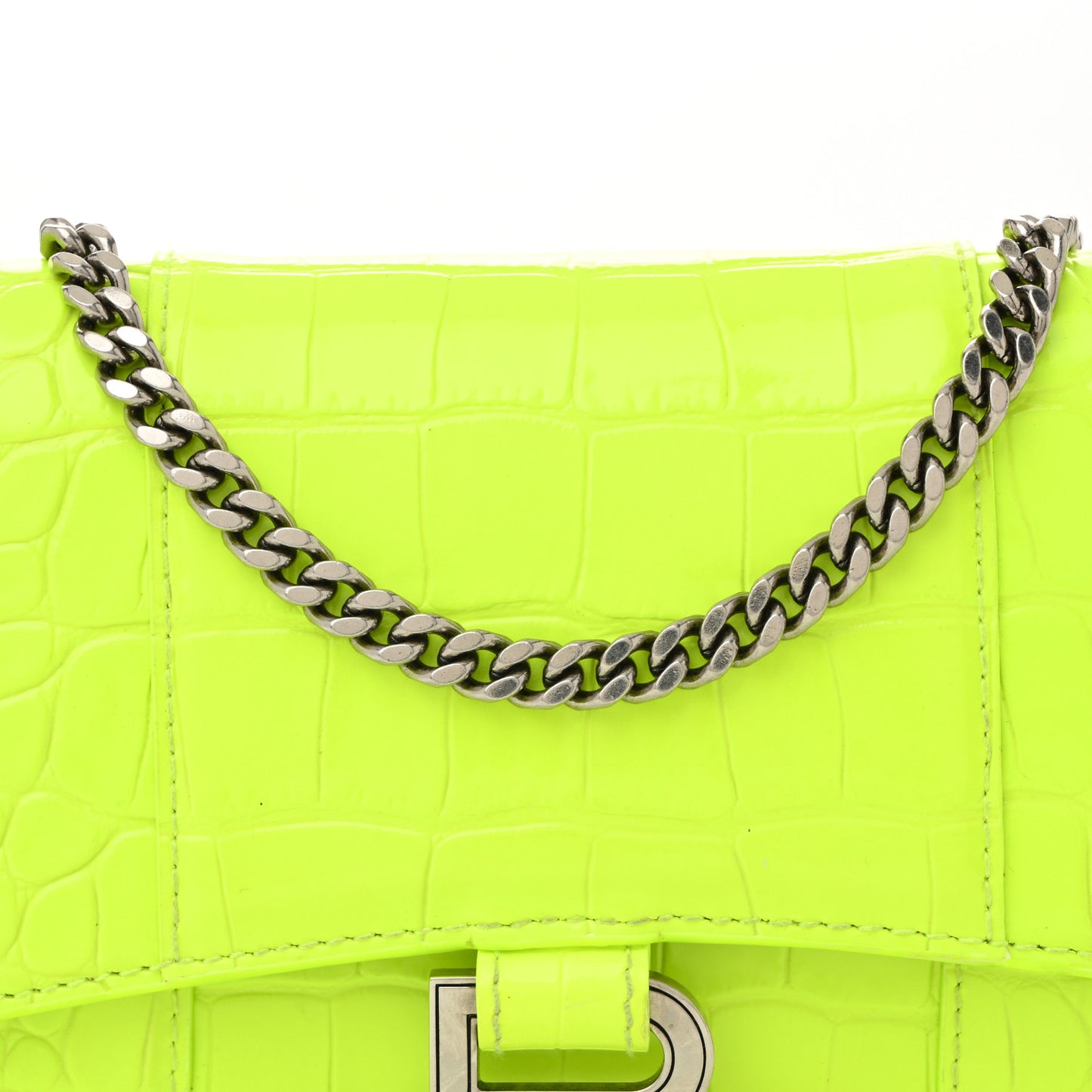 Shiny Calfskin Crocodile Embossed Hourglass Chain Bag Fluo Yellow
