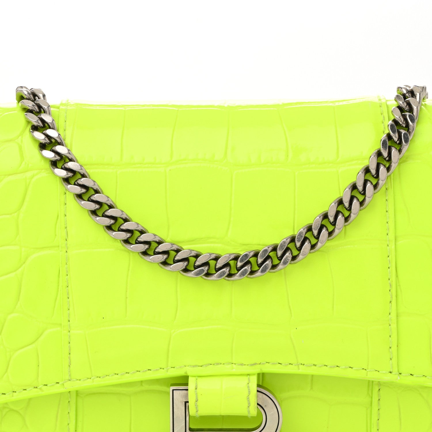 Balenciaga Shiny Calfskin Crocodile Embossed Hourglass Chain Bag Fluo Yellow 7 of 10