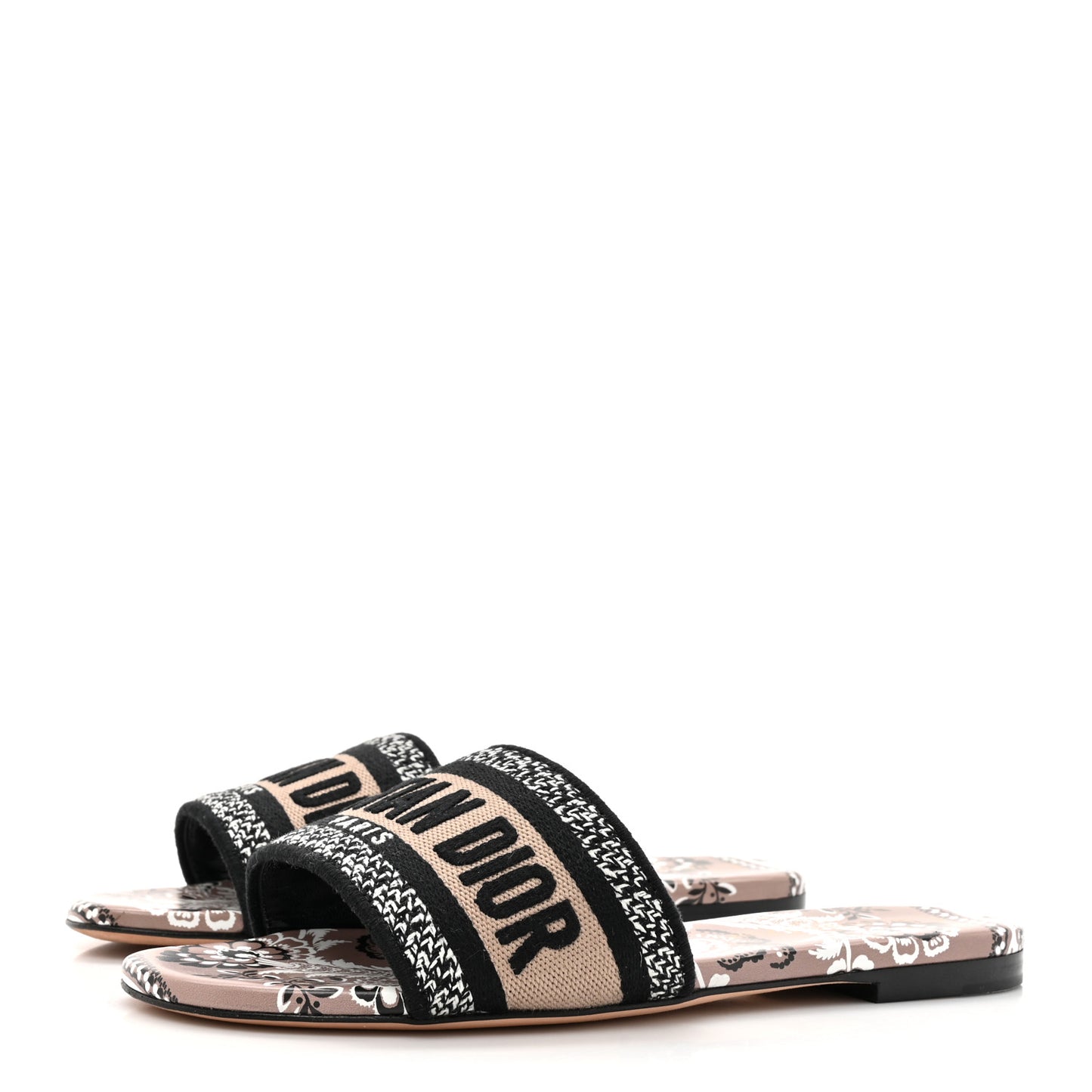 Canvas Bandana Embroidered Dway Flat Slide Sandals 35 Natural Marron