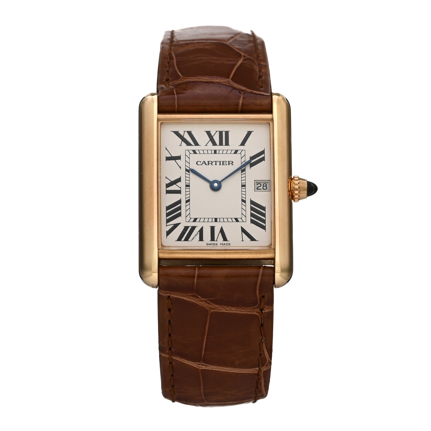18K Yellow Gold Alligator 26mm Tank Louis Quartz Watch Brown