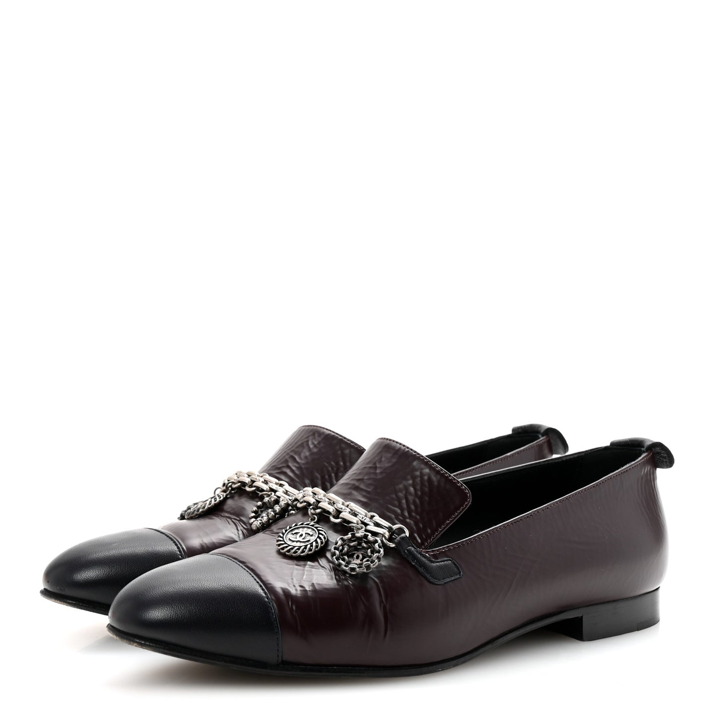 Crackled Goatskin Lambskin Cap Toe CC Charm Loafers 36 Dark Burgundy Navy