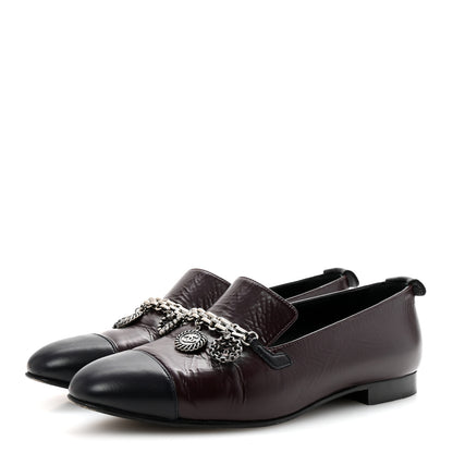 Chanel Crackled Goatskin Lambskin Cap Toe CC Charm Loafers 36 Dark Burgundy Navy 4 of 9