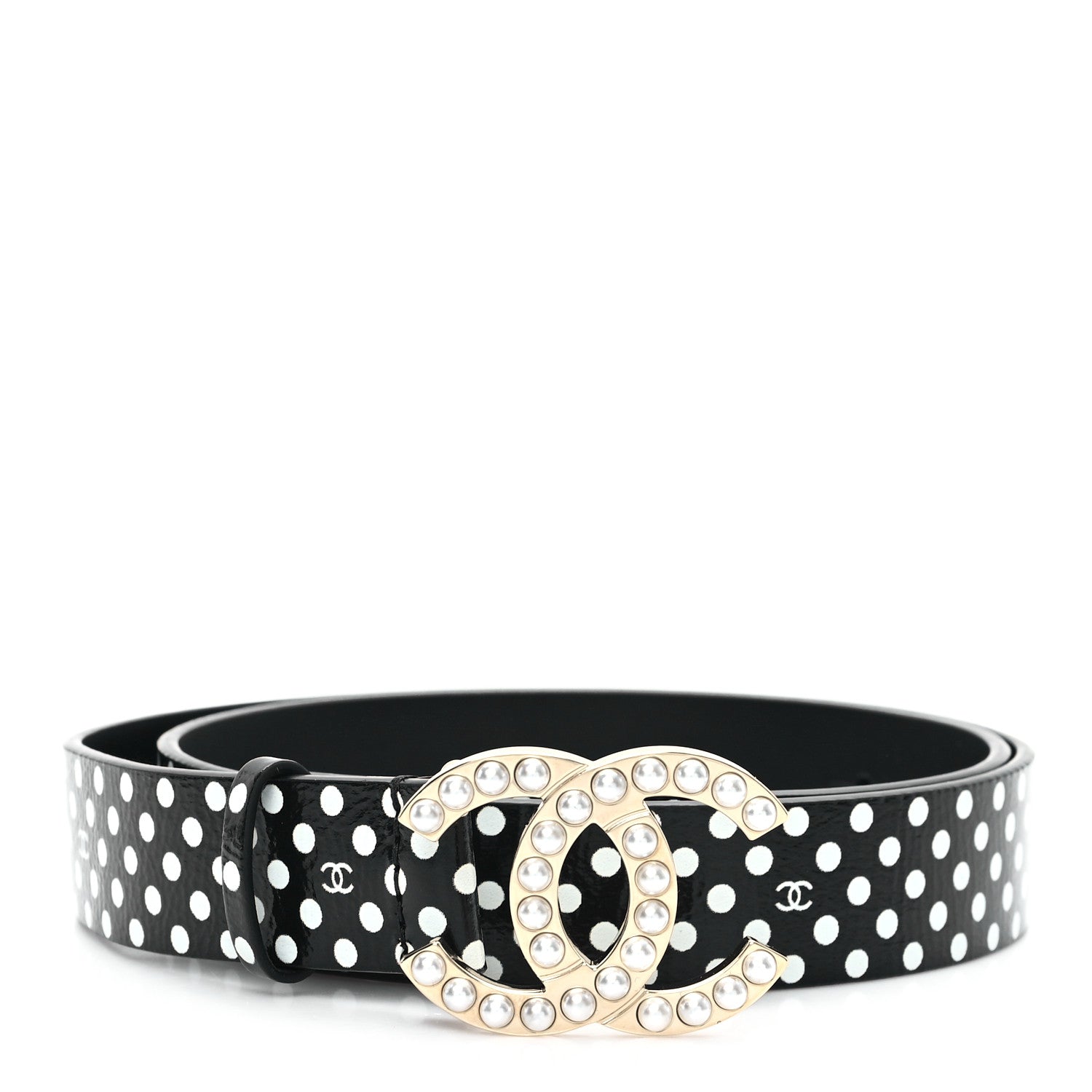 Chanel Printed Lambskin Polka Dot Pearl CC Belt 70 28 Black White 1 of 6