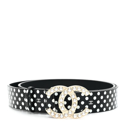 Chanel Printed Lambskin Polka Dot Pearl CC Belt 70 28 Black White 1 of 6