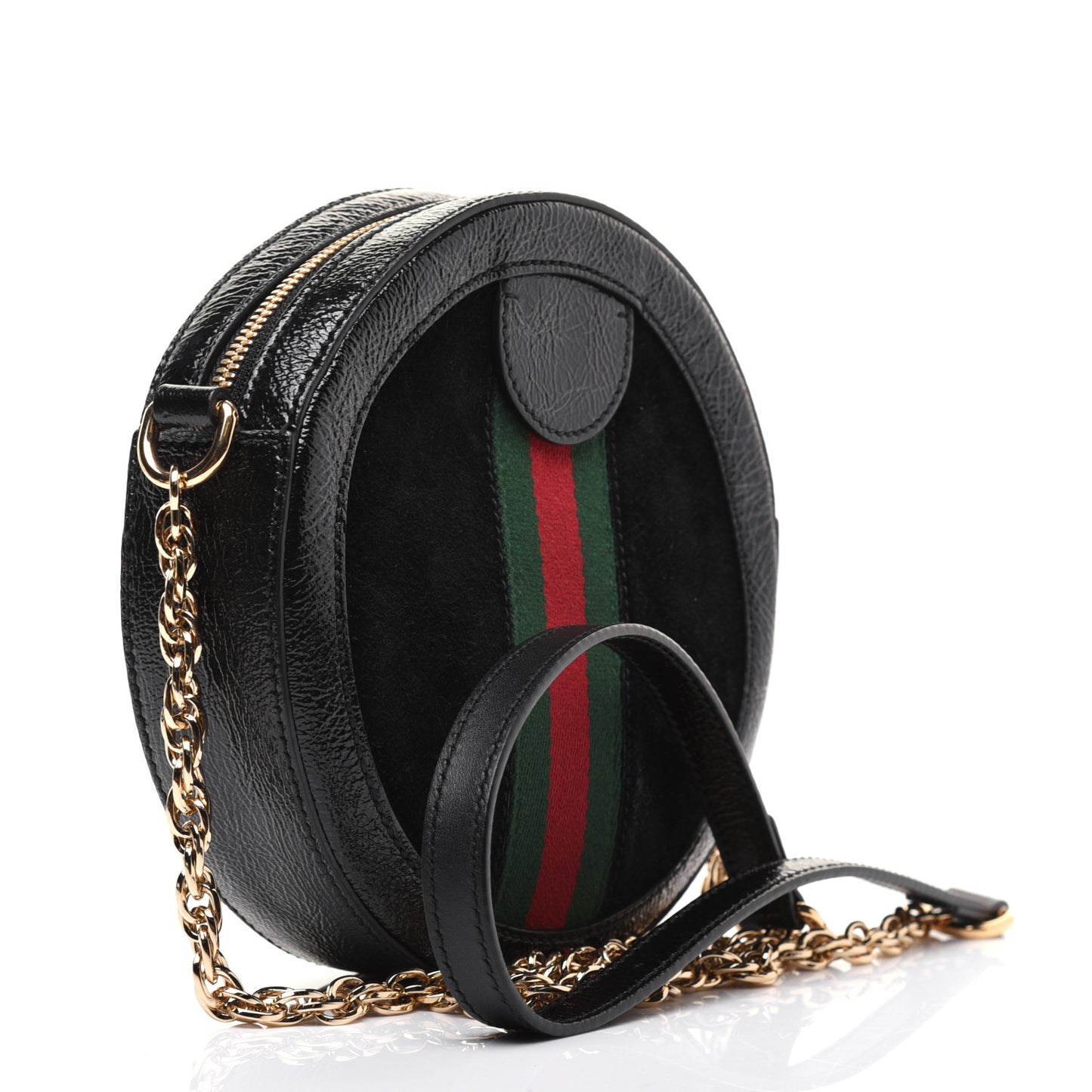 Suede Patent Web Mini Ophidia Round Shoulder Bag Black