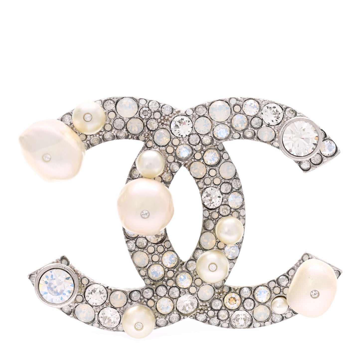 Pearl Crystal CC Mini Brooch Silver