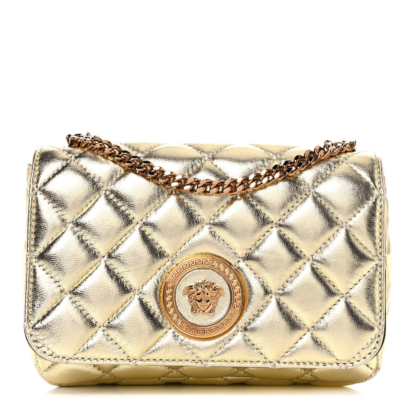 Metallic Nappa Quilted Small Medusa Chain Crossbody Gold