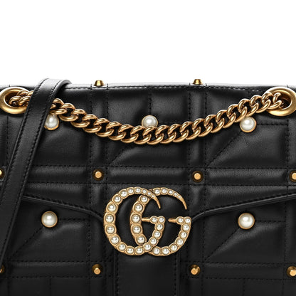 Gucci Calfskin Matelasse Studded Small Pearly GG Marmont Shoulder Bag Black 9 of 13