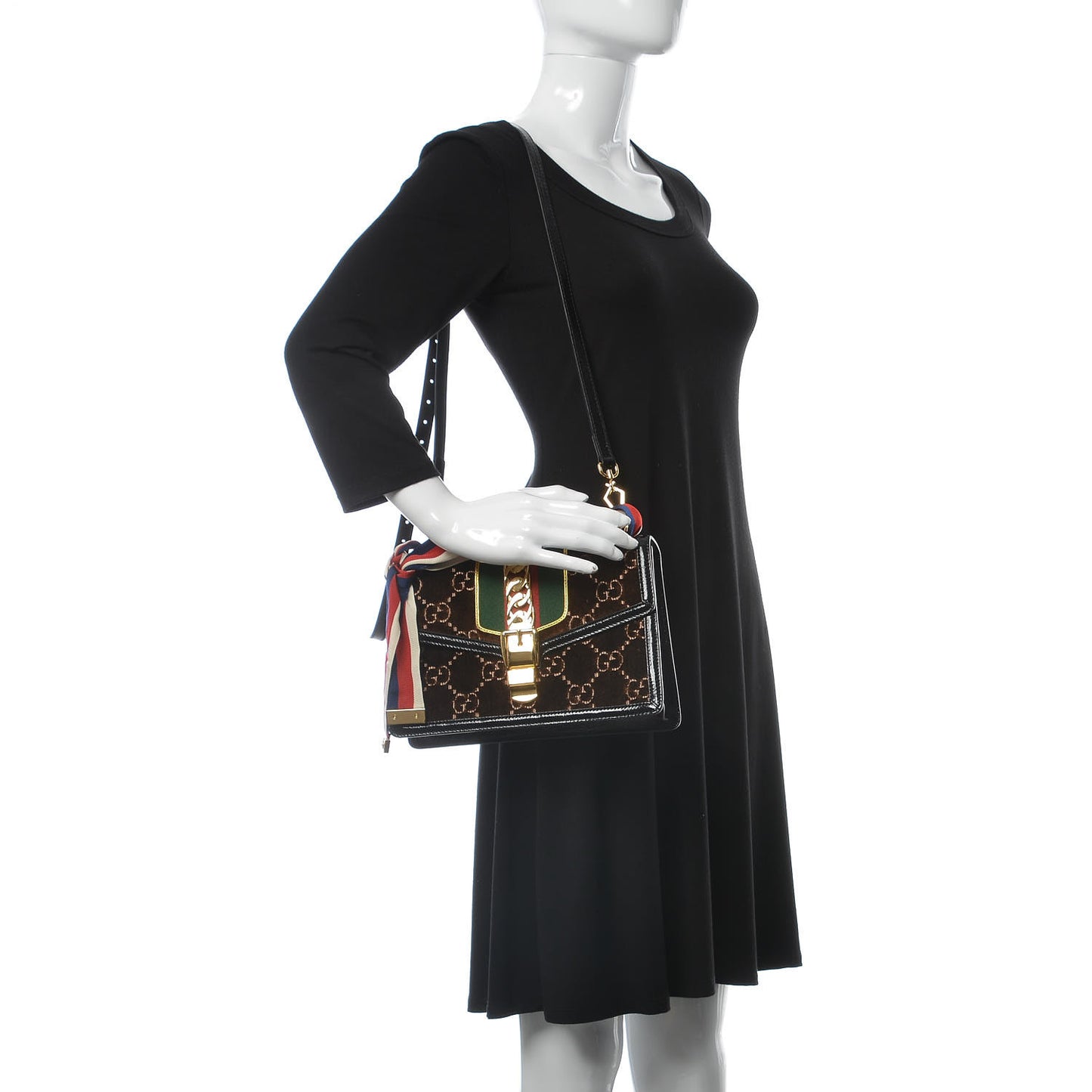 Velvet GG Monogram Web Small Sylvie Shoulder Bag Brown Black Oro Vecchio