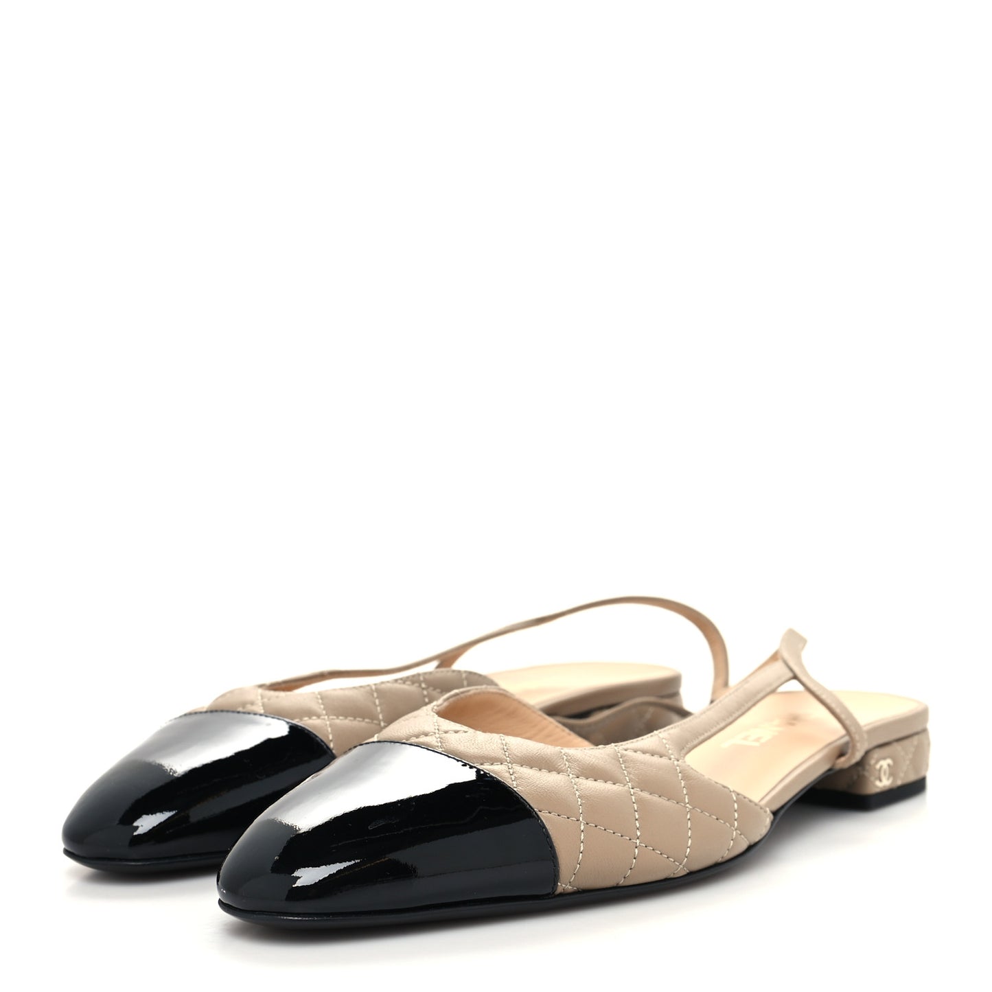 Lambskin Patent Cap Toe CC Slingback Flats Beige Black