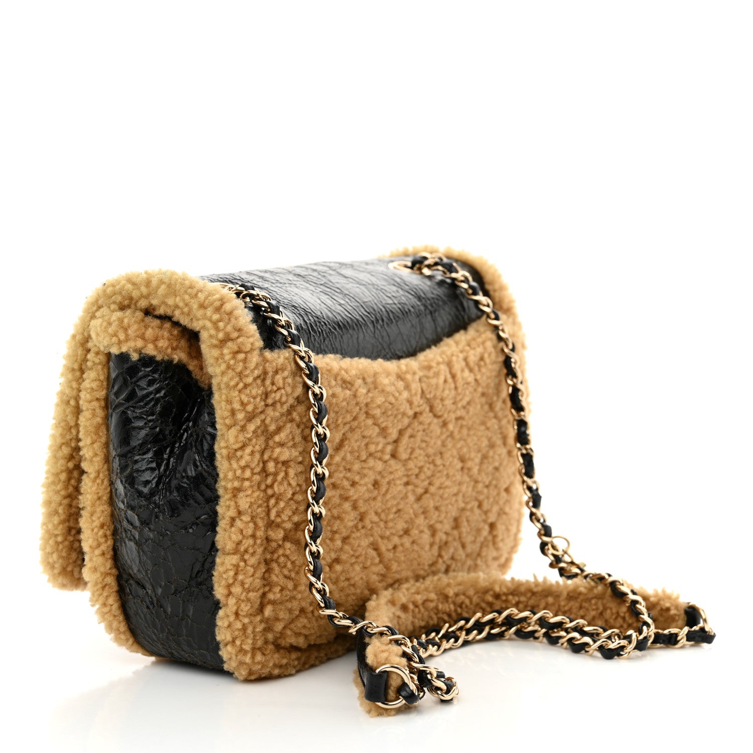 Chanel Shiny Crumpled Sheepskin Shearling CC Mania Flap Bag Black Beige 3 of 11
