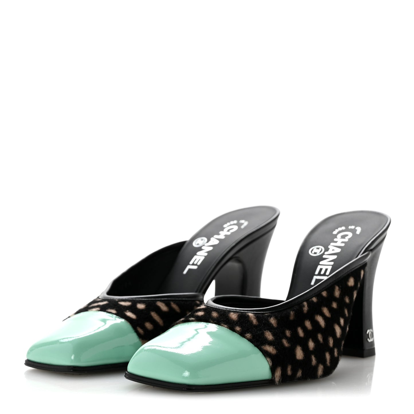Pony Hair Lambskin Patent Cap Toe Mules 37 Black White Green