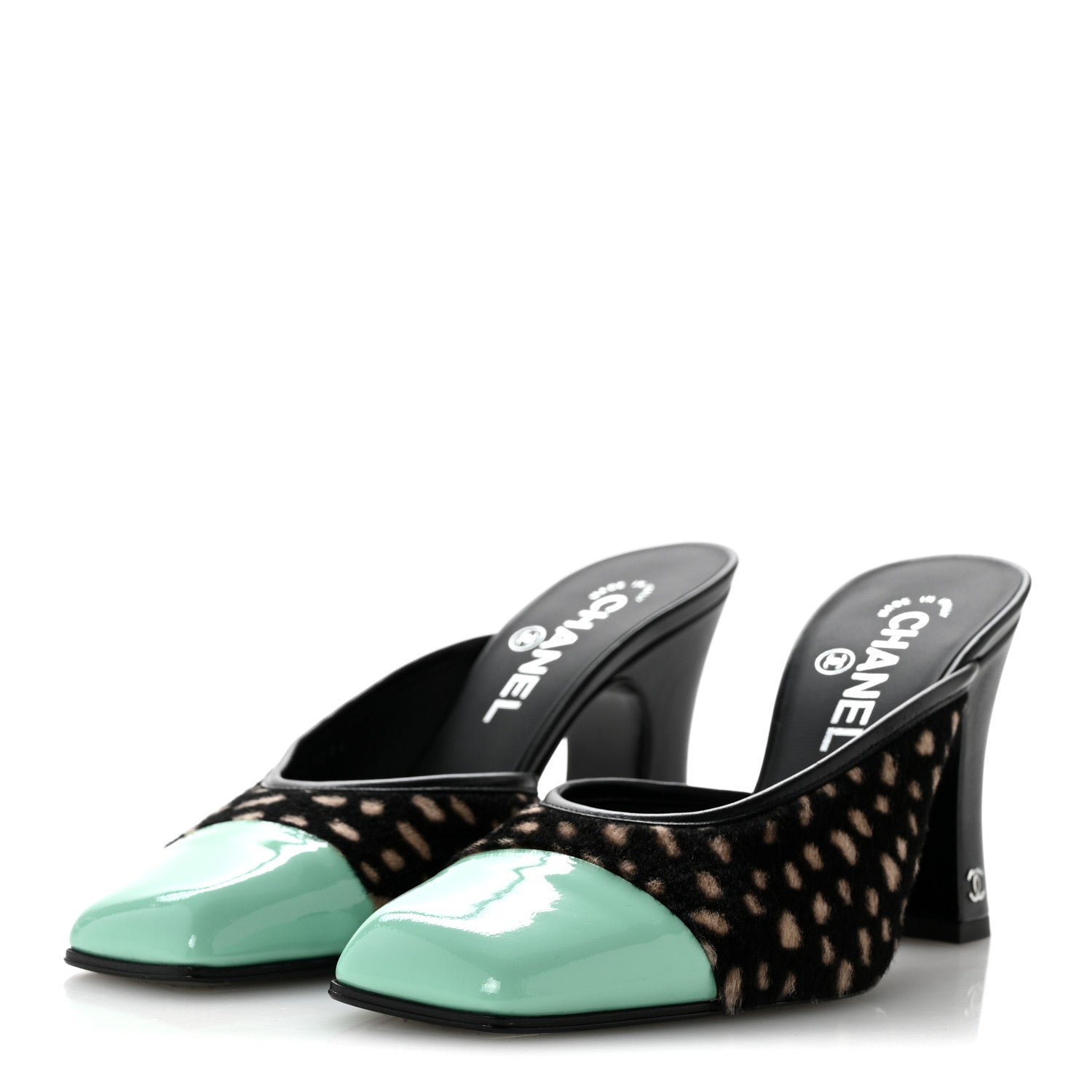 Chanel Pony Hair Lambskin Patent Cap Toe Mules 37 Black White Green 4 of 10