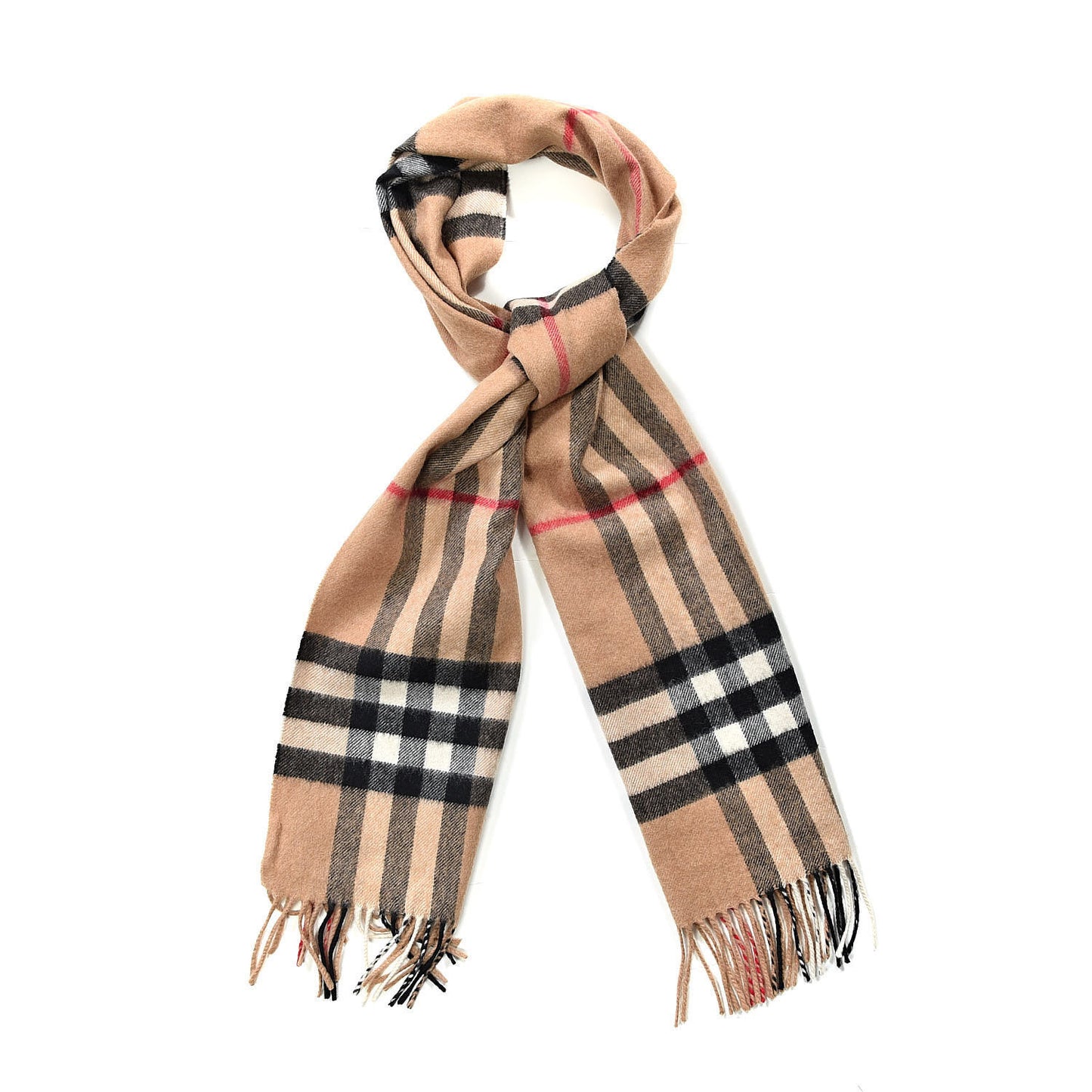 Cashmere Giant Heritage Check Fringe Scarf Camel