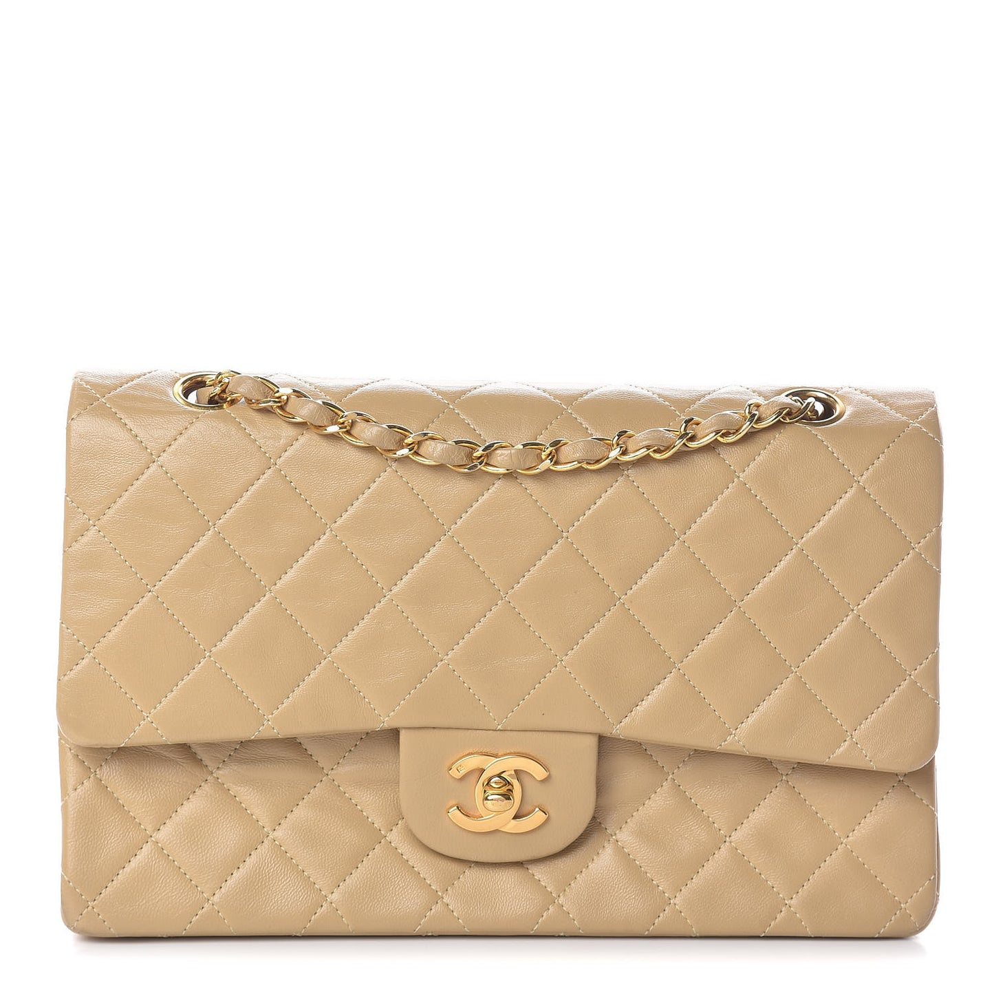 Lambskin Quilted Medium Double Flap Beige