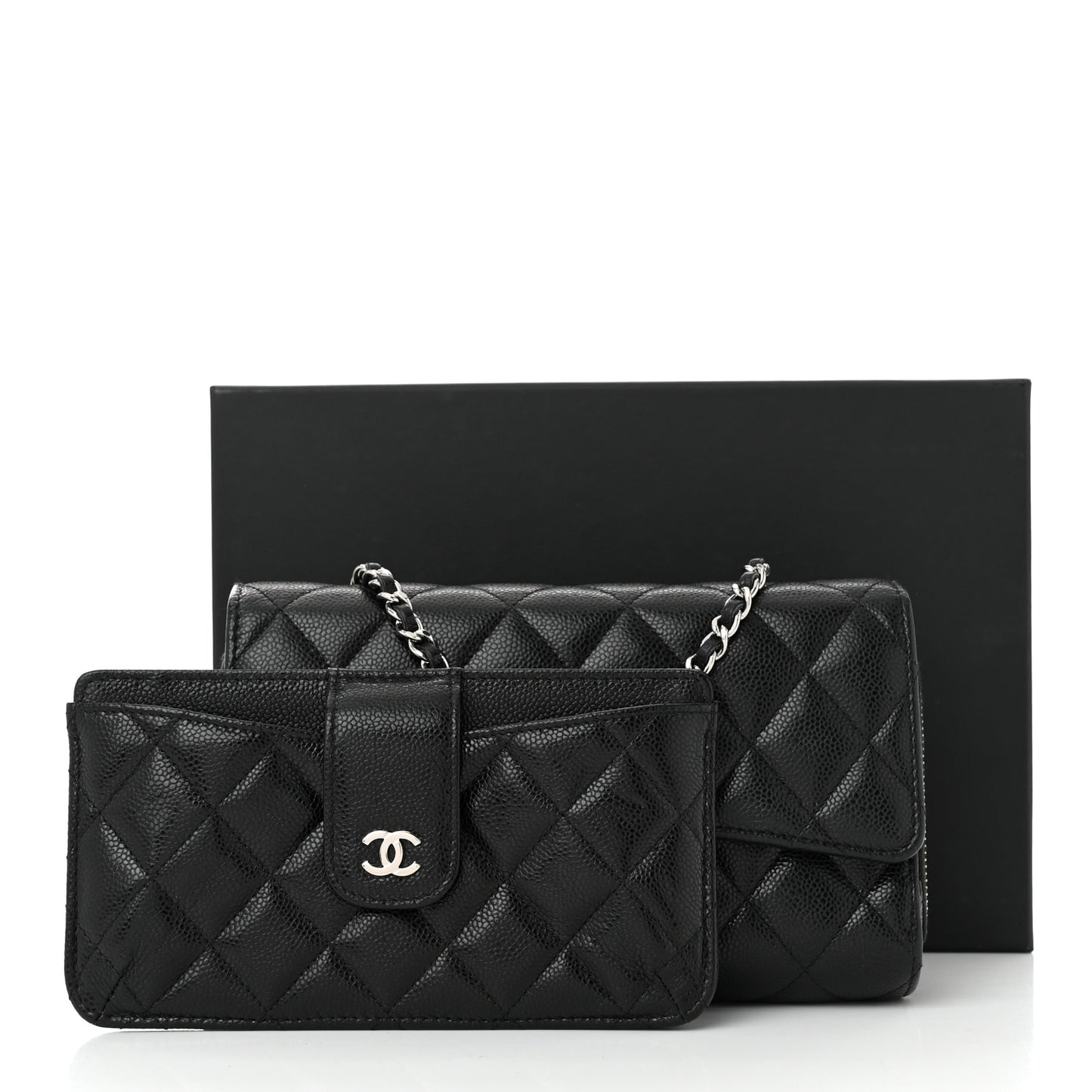Caviar Quilted Phone Holder Wallet on Removable Chain Black