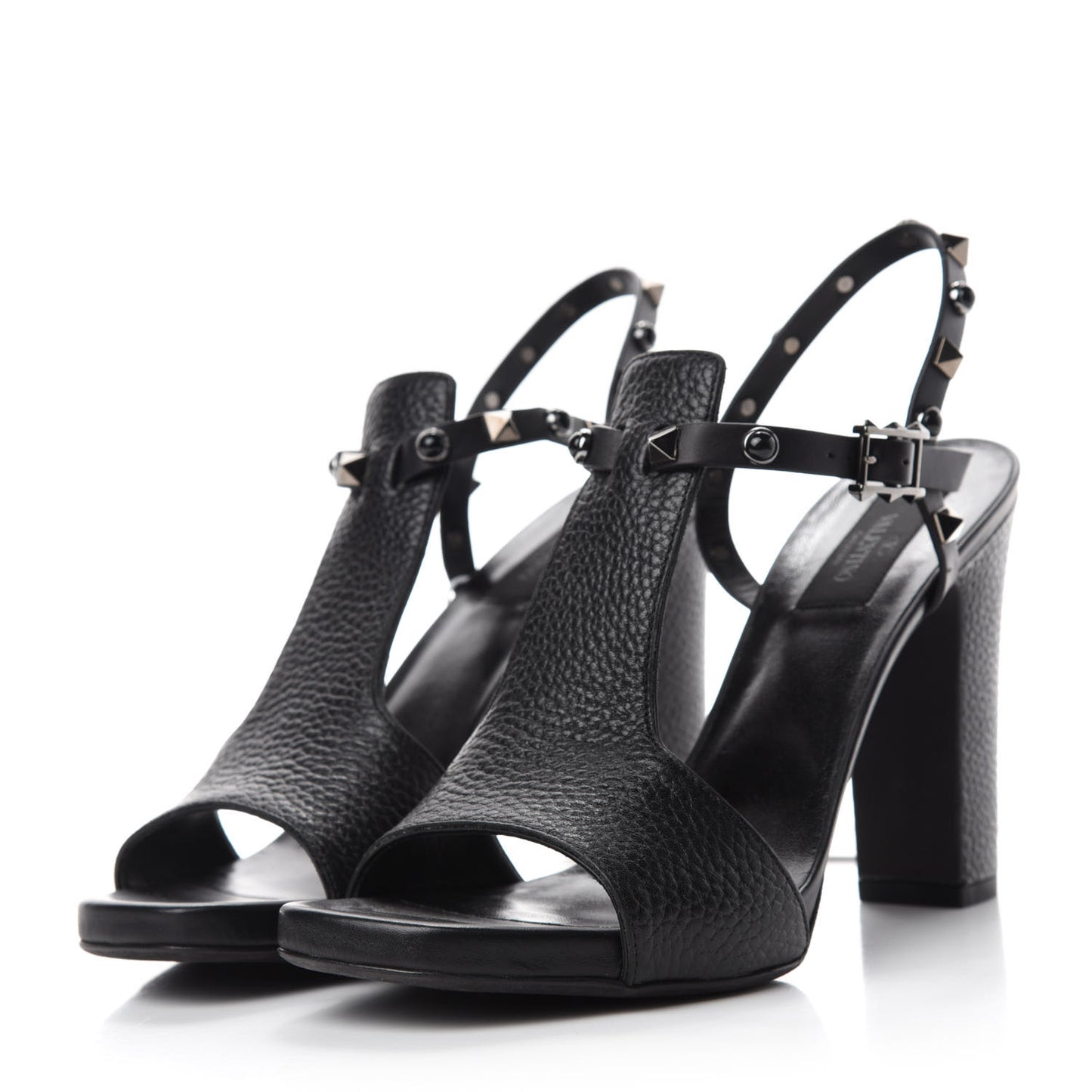 Pebbled Calfskin Onyx Rockstud Rolling Ankle Strap 5/105mm Sandals 38.5 Black