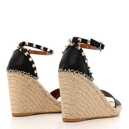 Valentino Garavani Grained Calfskin Rockstud Ankle Strap Espadrille 15/105mm Wedge Sandals 39 Black Light Cuir Natural 4 of 11