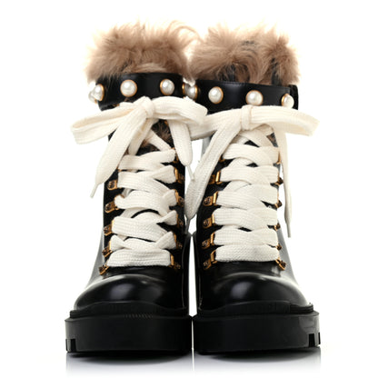 Gucci Magnum Calfskin Fur Pearl Lace Up Combat Ankle Boots 39 Black Naturale 2 of 5