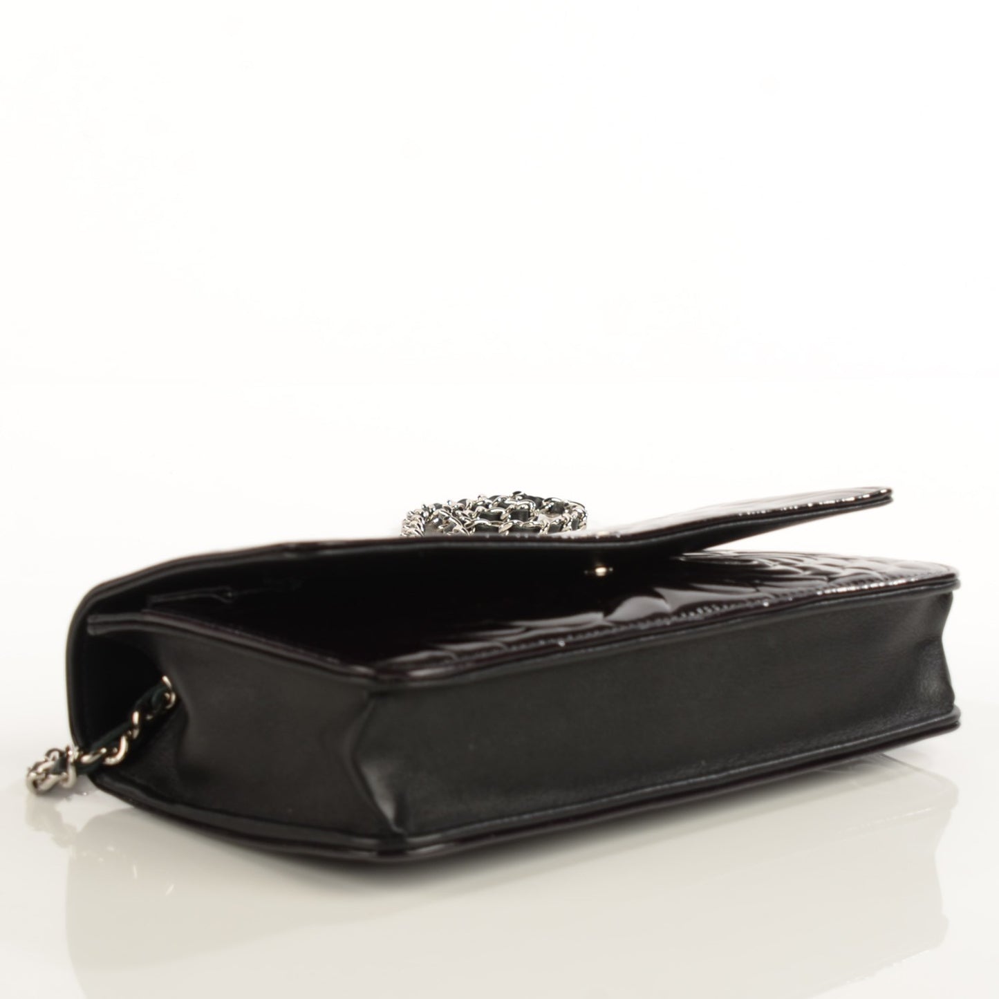 Patent Camellia Embossed Wallet On Chain WOC Black