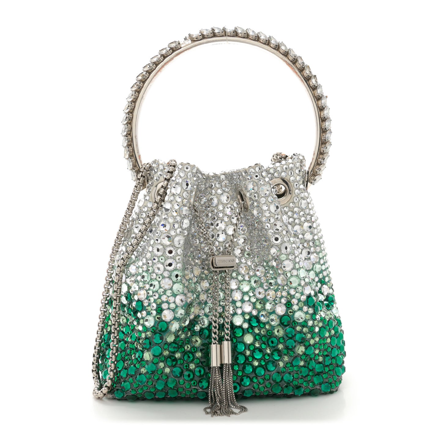Satin Hotfix Crystal Embellished Bon Bon Bucket Bag Green Silver