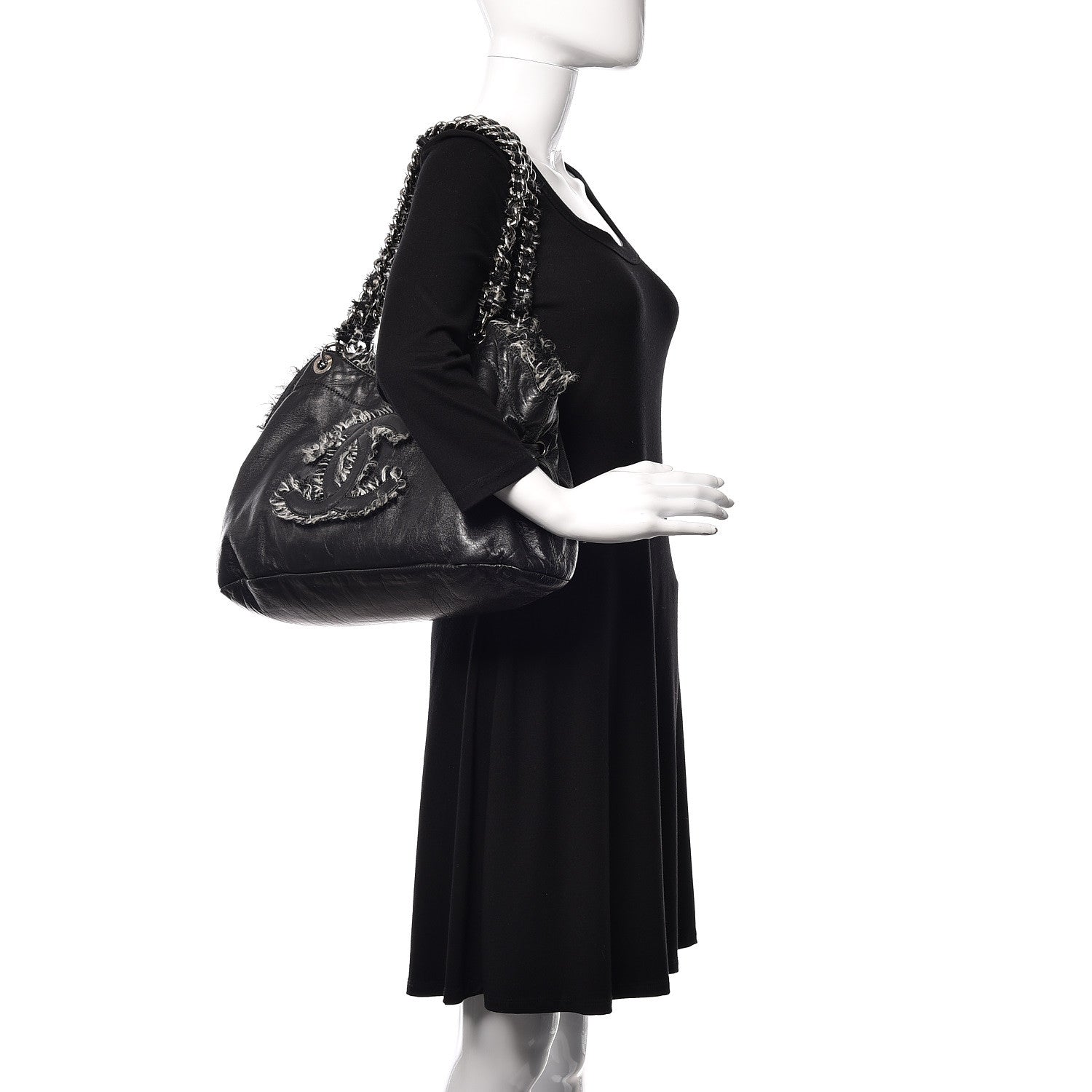 Chanel Tweed Lambskin Drawstring Tweedy Tote Black 2 of 9