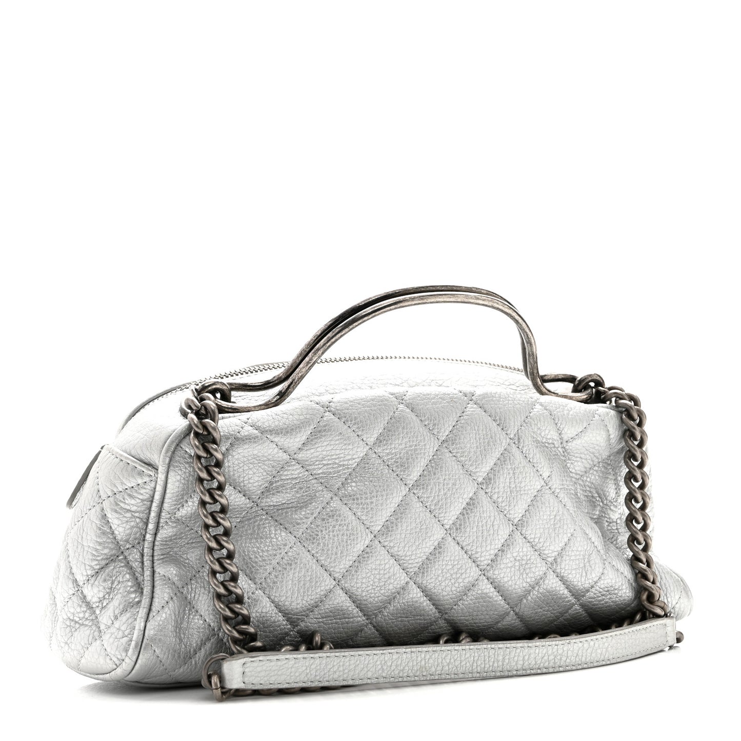 Metallic Calfskin Quilted Mini Bowling Bag Silver