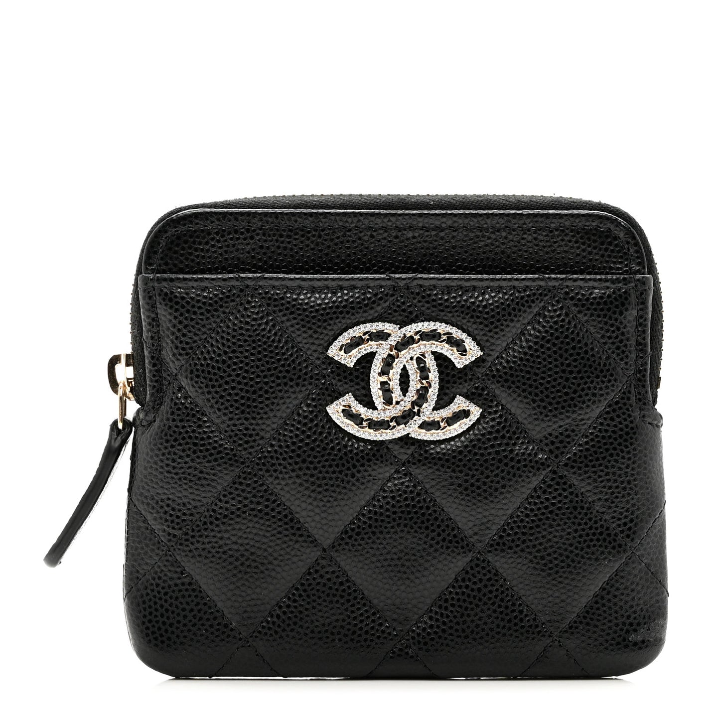 Caviar Quilted Crystal Zip Card Holder Wallet Black