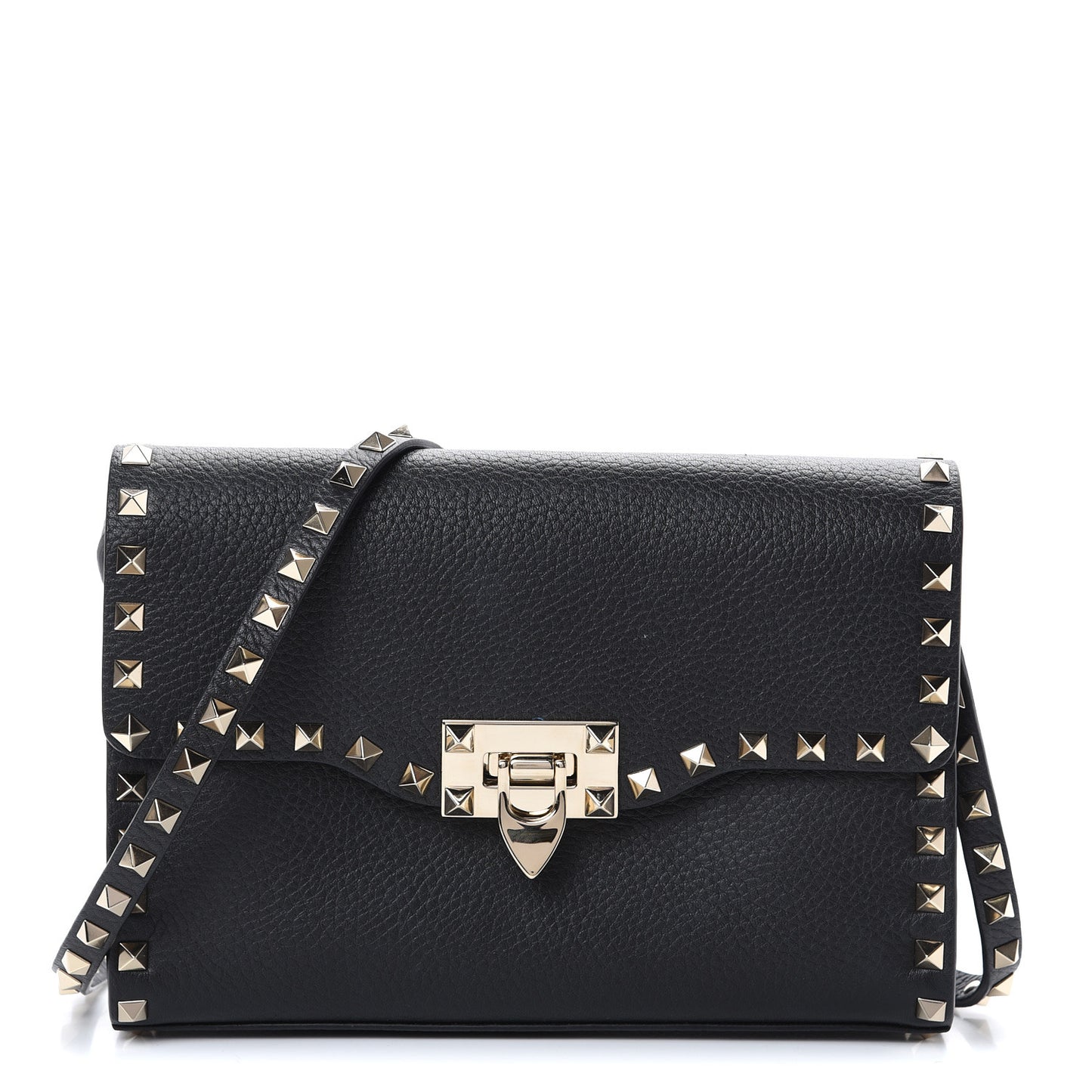 Pebbled Calfskin Medium Rockstud Flip Lock Crossbody Bag Black