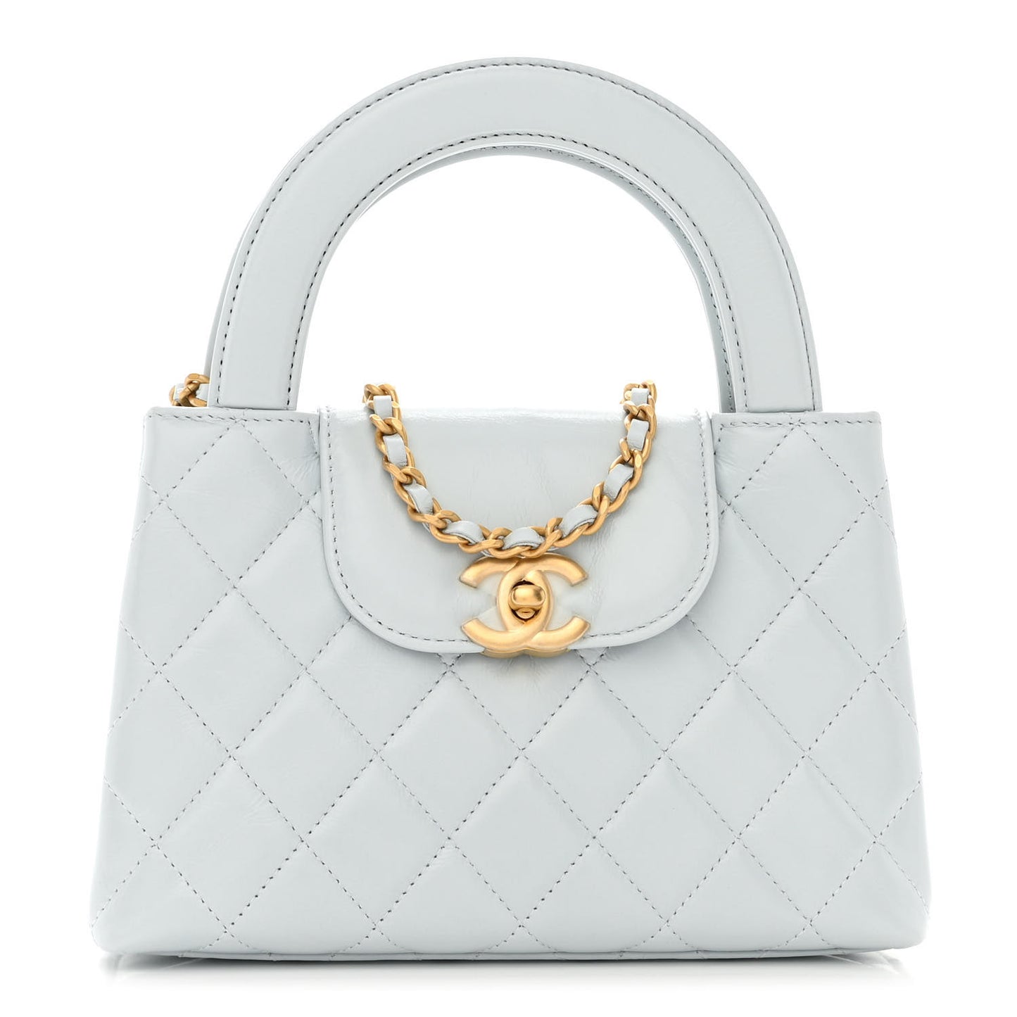 Shiny Aged Calfskin Quilted Nano Kelly Shopper Light Blue