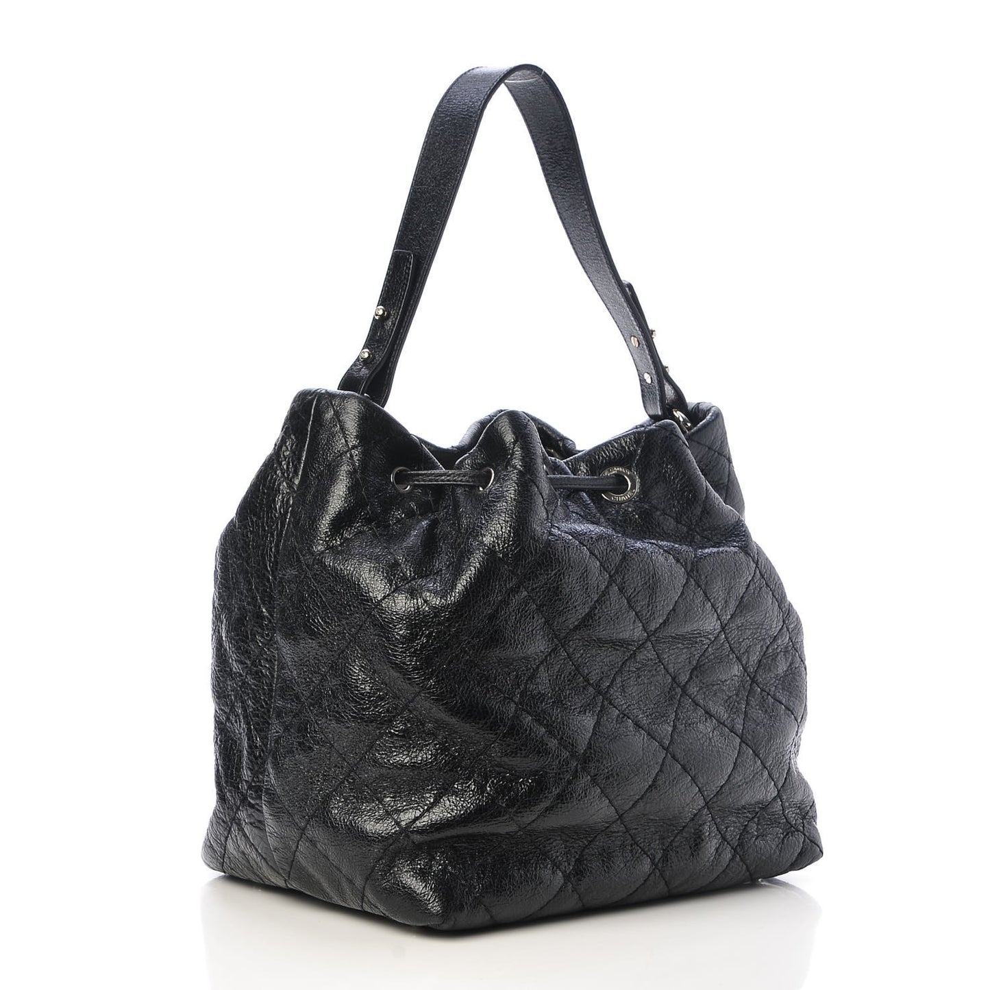 Glazed Calfskin On The Road Drawstring Tote Black