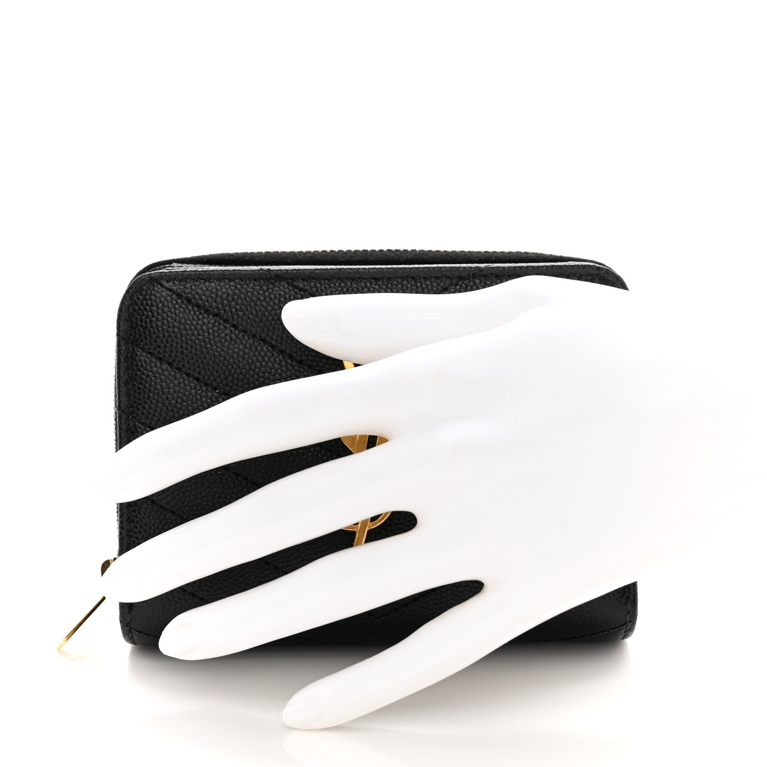 Saint Laurent Grain De Poudre Matelasse Chevron Monogram Compact Zip Around Wallet Black 2 of 9