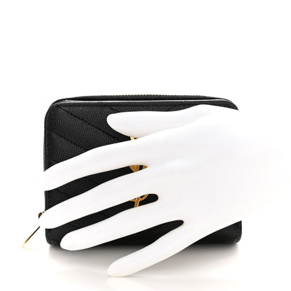 Saint Laurent Grain De Poudre Matelasse Chevron Monogram Compact Zip Around Wallet Black 2 of 9