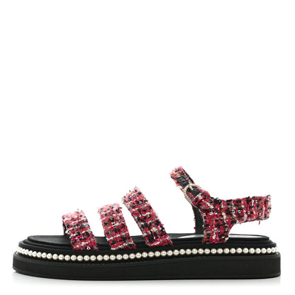 Chanel Tweed Pearl Flat Sandals 37.5 Red Black 1 of 10