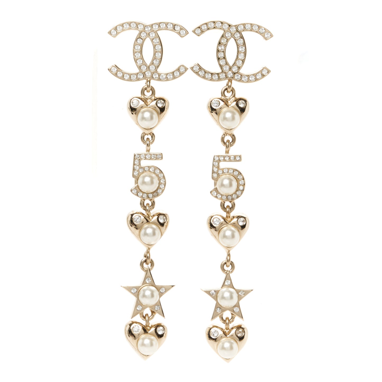 Crystal Pearl Charming Winter CC Star Heart Drop Earrings Gold