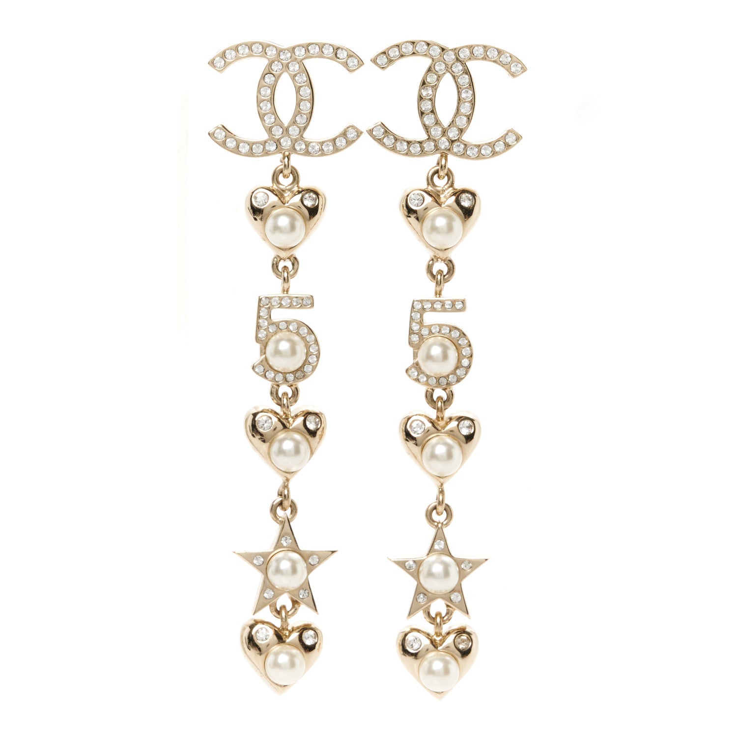 Chanel Crystal Pearl Charming Winter CC Star Heart Drop Earrings Gold 1 of 5