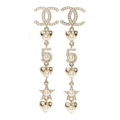 Chanel Crystal Pearl Charming Winter CC Star Heart Drop Earrings Gold 1 of 5