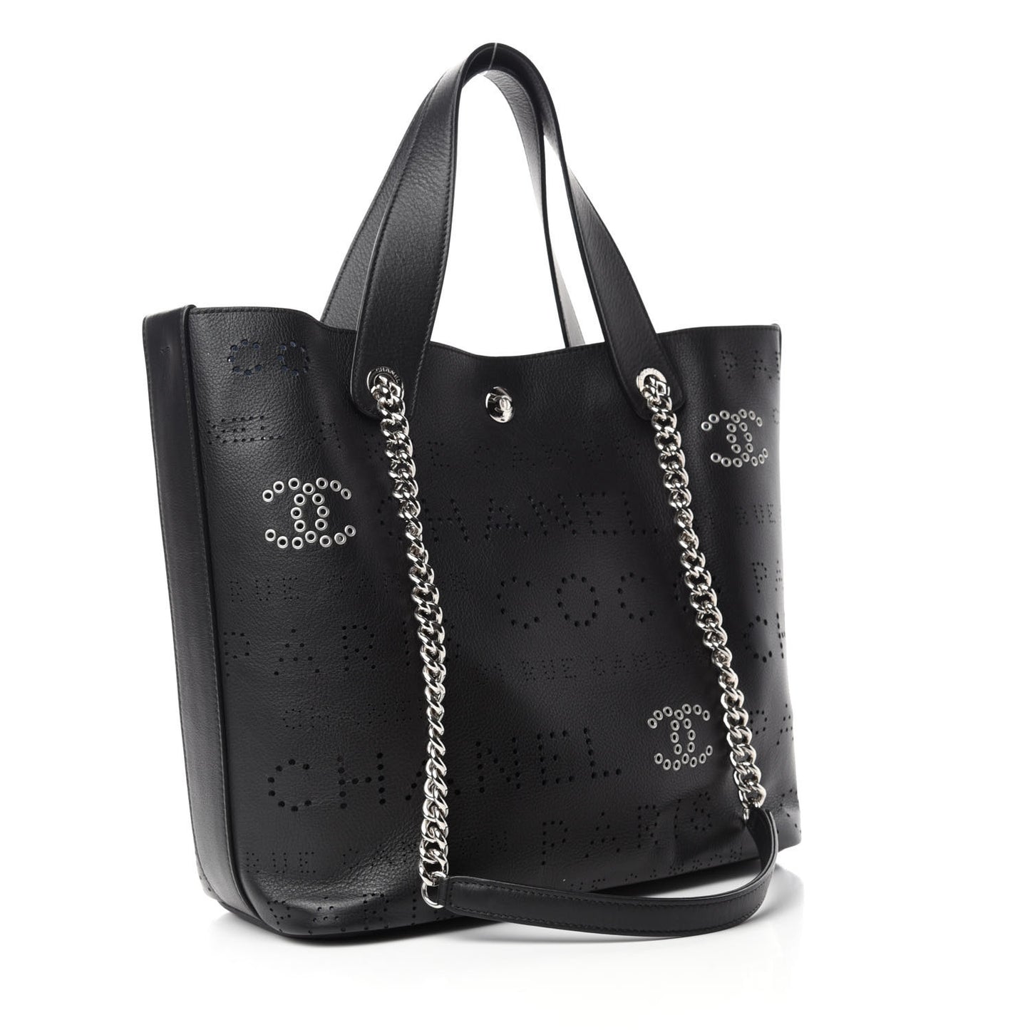 Calfskin Tweed Small Logo Eyelets Shopping Tote Black