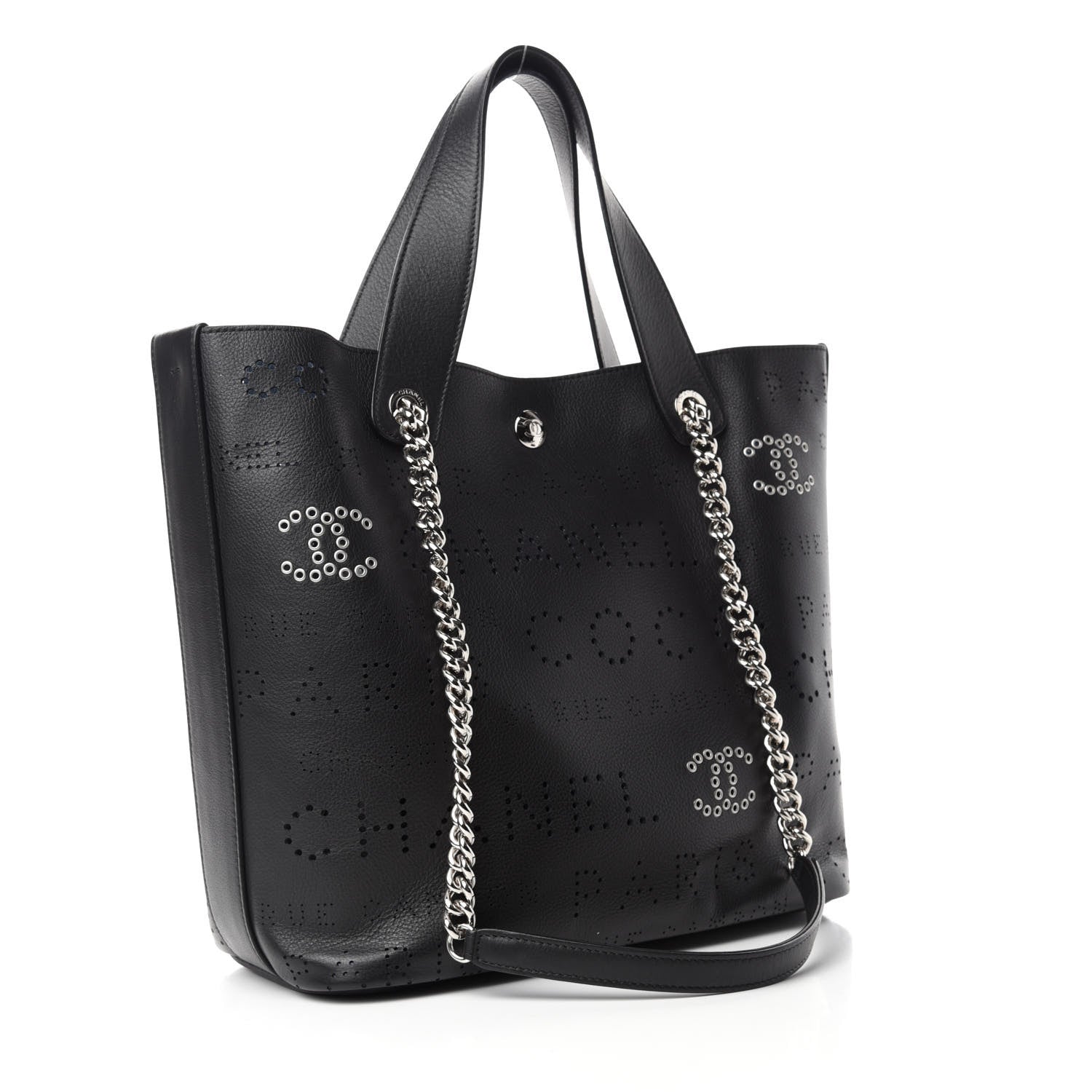 Chanel Calfskin Tweed Small Logo Eyelets Shopping Tote Black 4 of 12