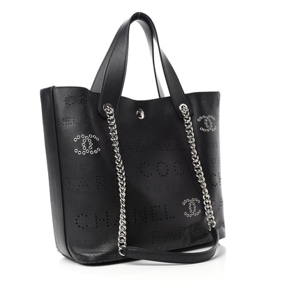 Chanel Calfskin Tweed Small Logo Eyelets Shopping Tote Black 4 of 12