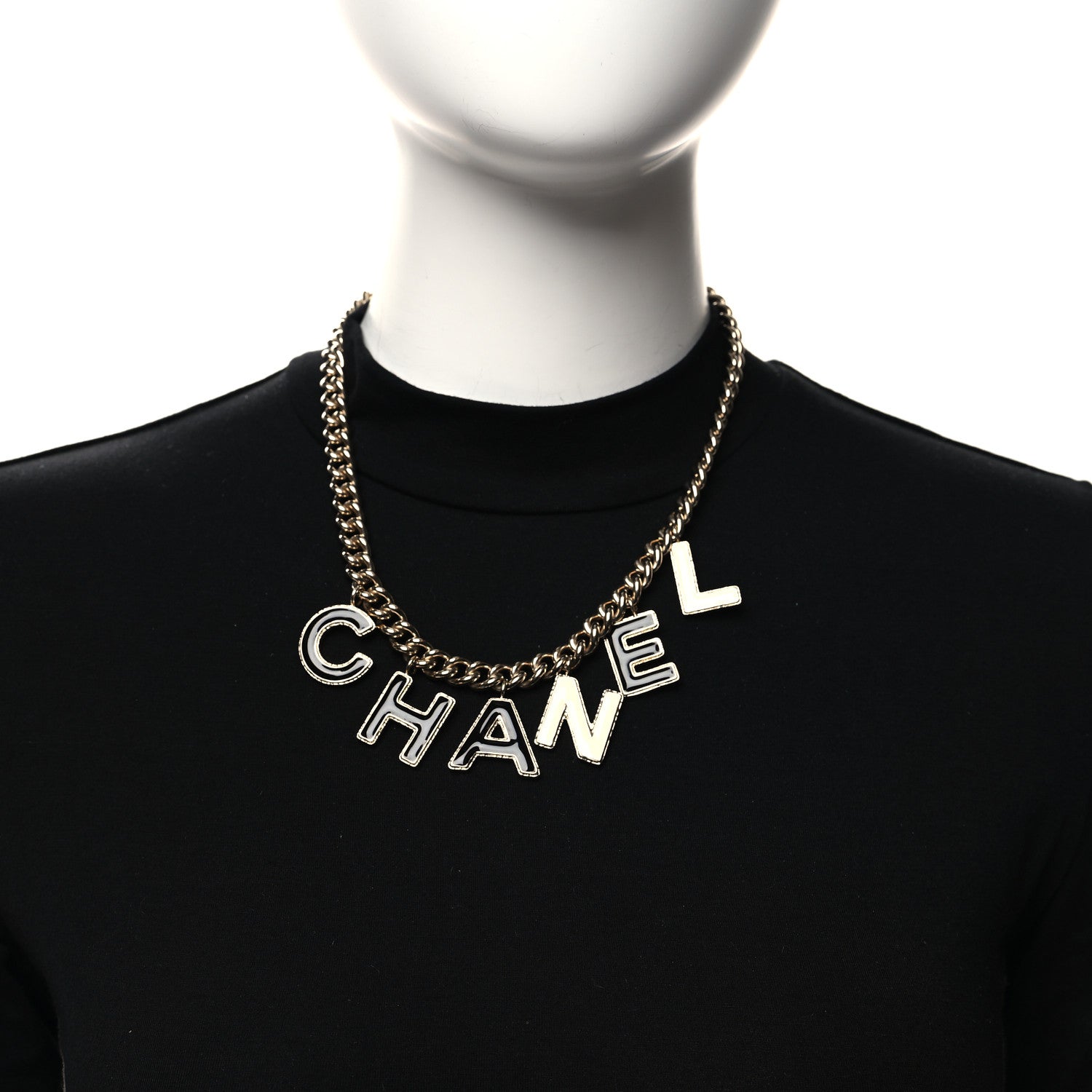 Chanel Metal Enamel Logo Necklace Gold Black White 2 of 4